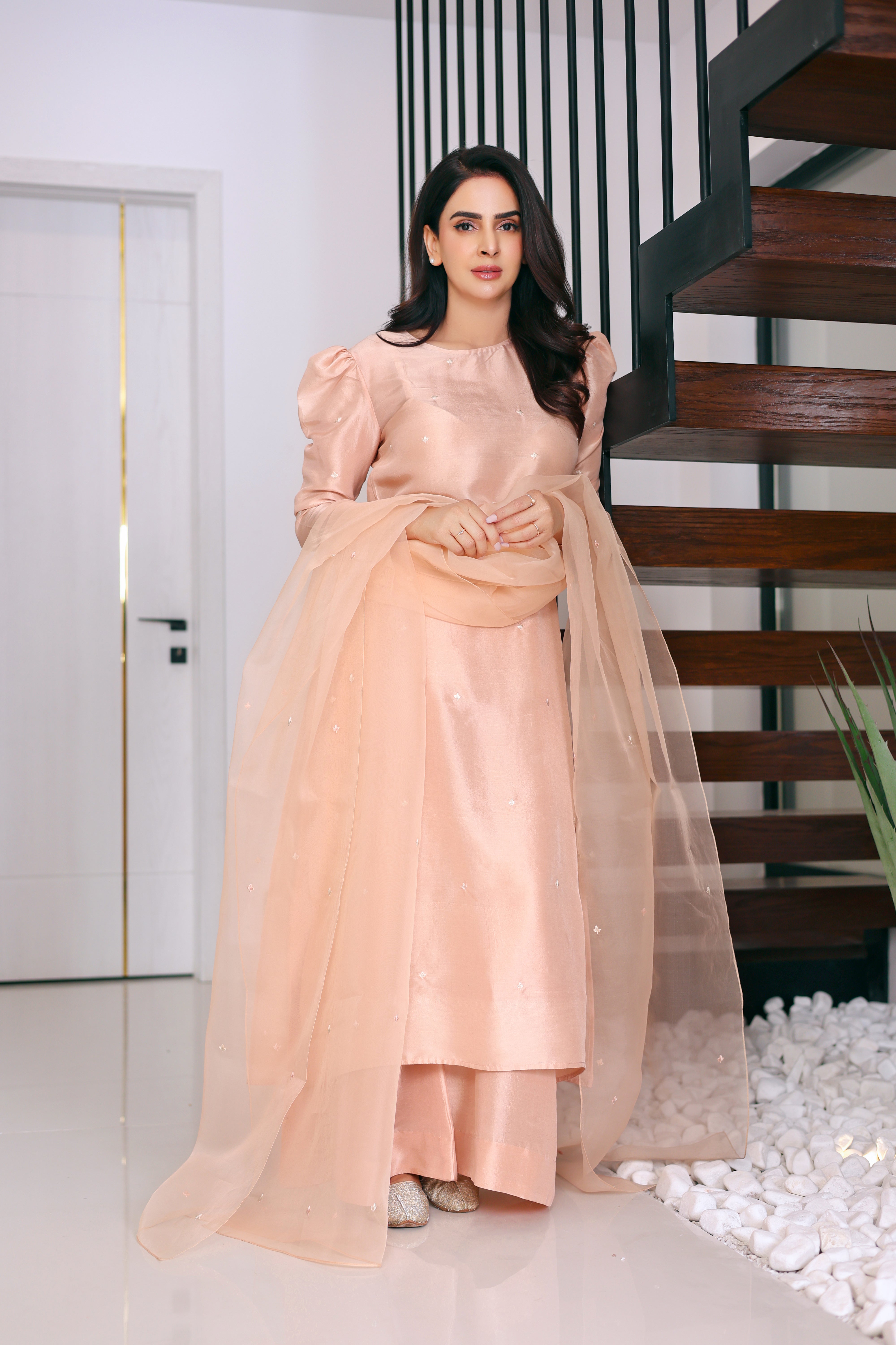 Blush Pink Hand-Embroidered Silk Salwar Kameez (3-Piece) - Image 1