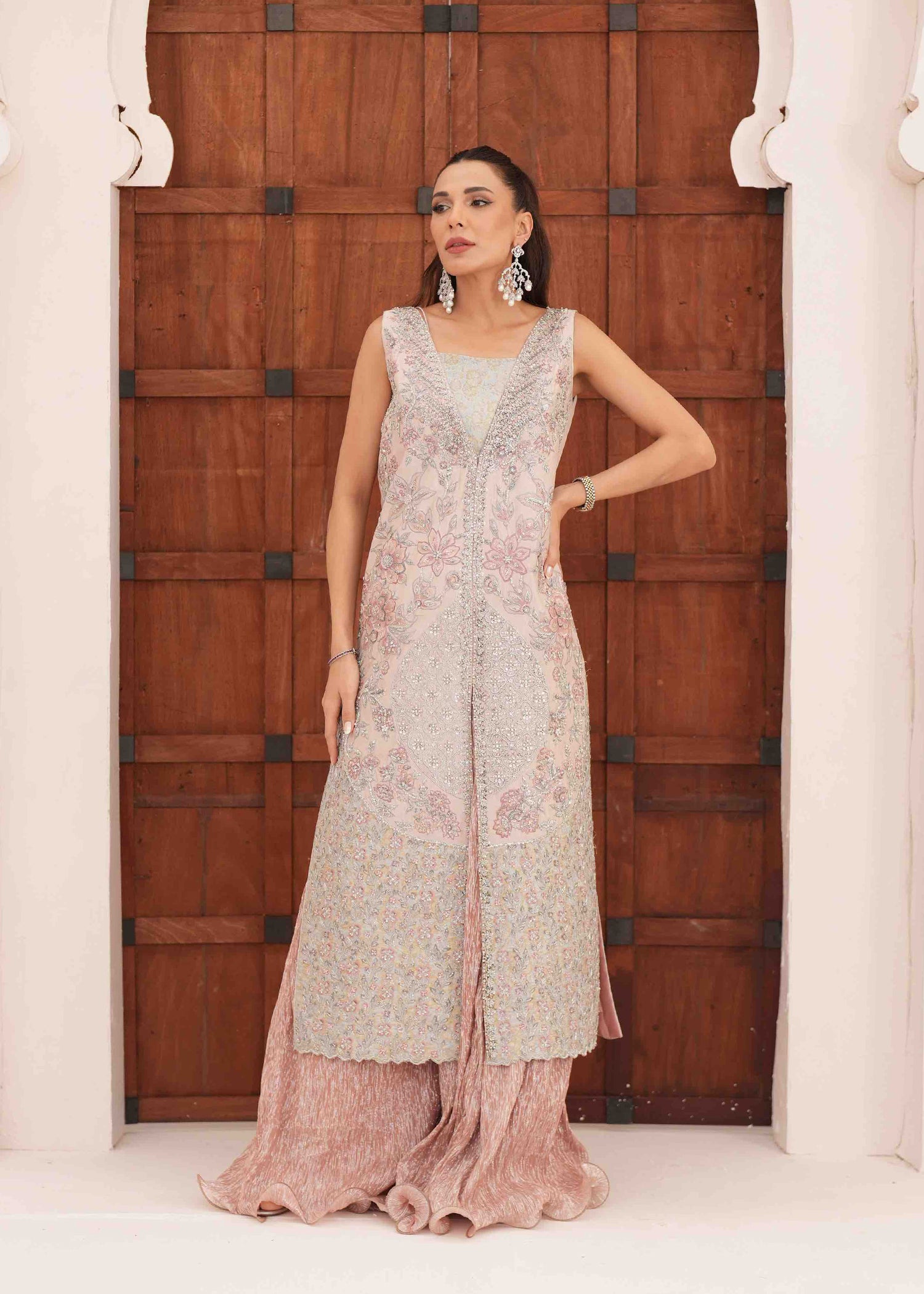 Blush Pink Embroidered Raw Silk Long Jacket (2-Piece) - Image 1