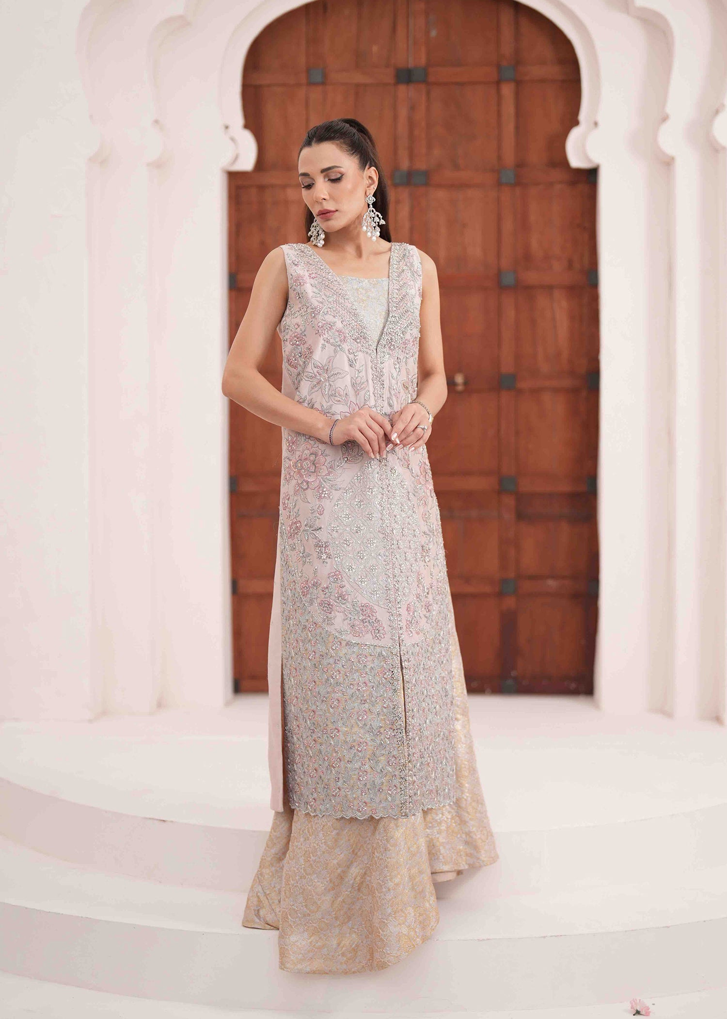 Blush Pink Embroidered Raw Silk Long Jacket (2-Piece) - Image 10