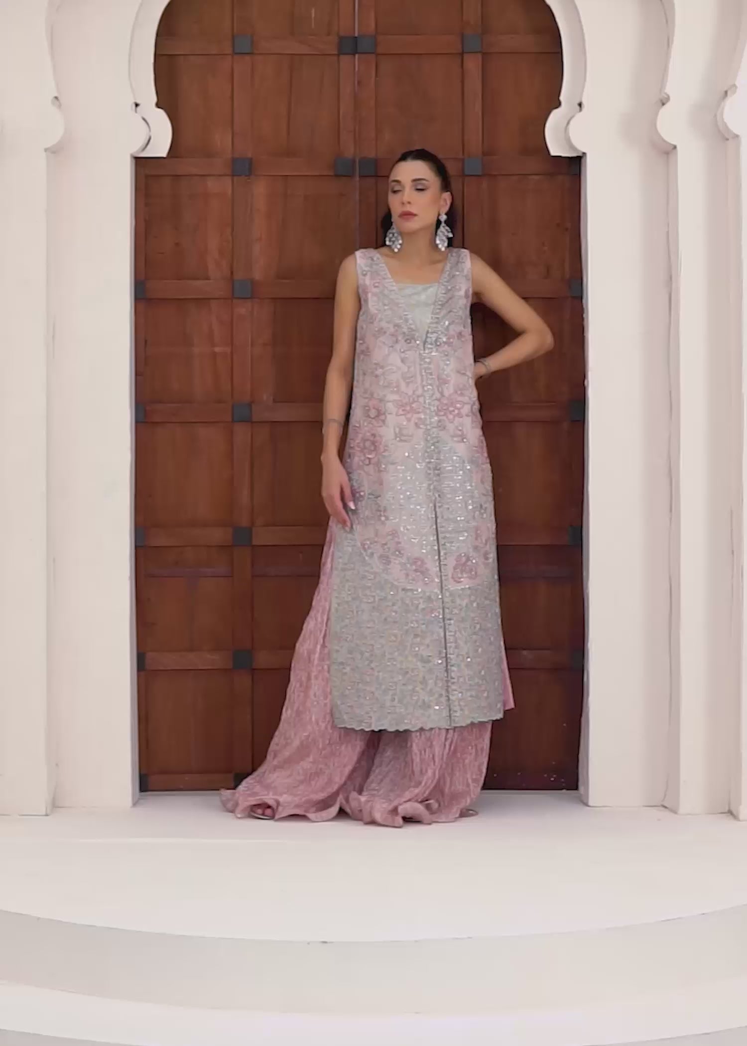 Blush Pink Embroidered Raw Silk Long Jacket (2-Piece) - Image 11