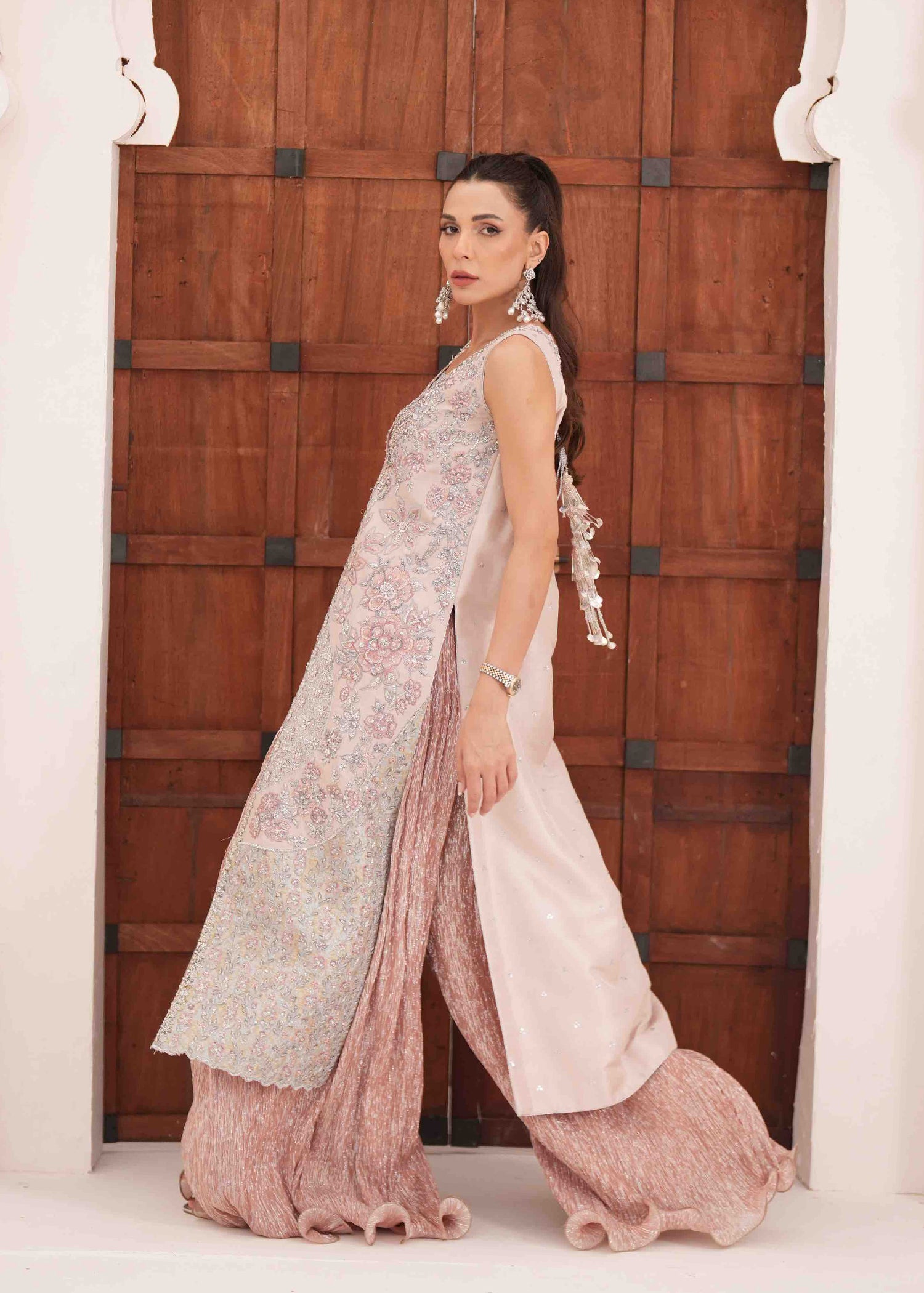 Blush Pink Embroidered Raw Silk Long Jacket (2-Piece) - Image 4