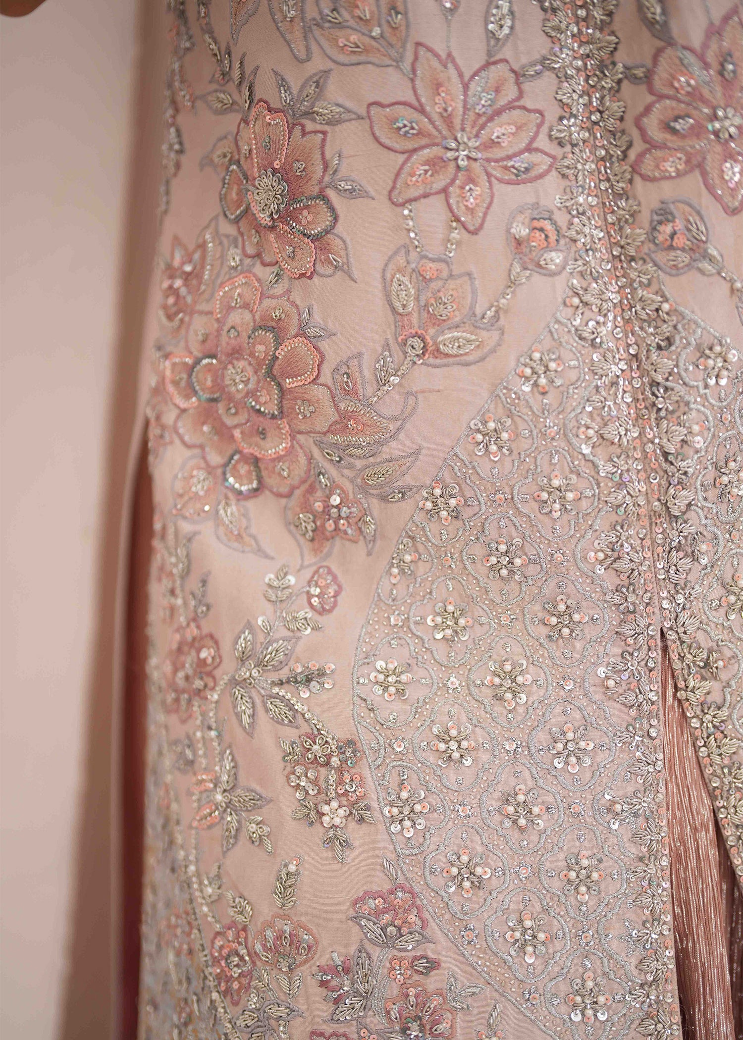 Blush Pink Embroidered Raw Silk Long Jacket (2-Piece) - Image 6