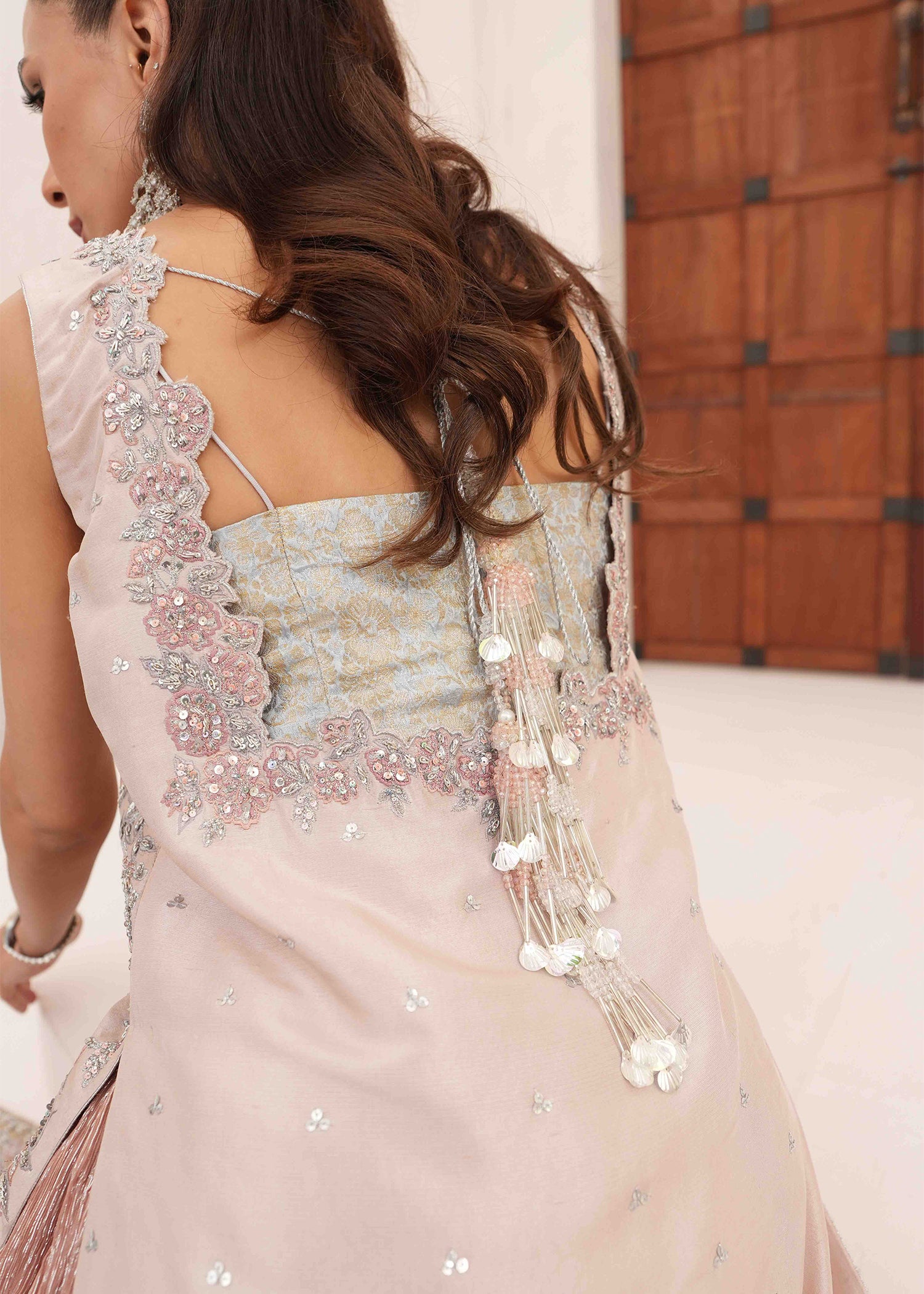 Blush Pink Embroidered Raw Silk Long Jacket (2-Piece) - Image 7