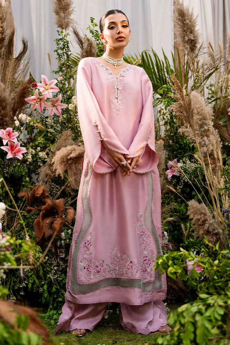 Pakistani Cherry Bloom Pink Embroidered Silk Salwar Kameez (3-Piece) - Image 1
