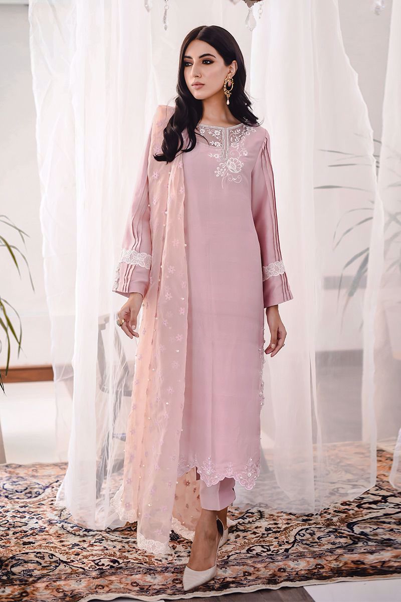 Blush Pink Embroidered Raw Silk Salwar Kameez (3-Piece) - Image 1