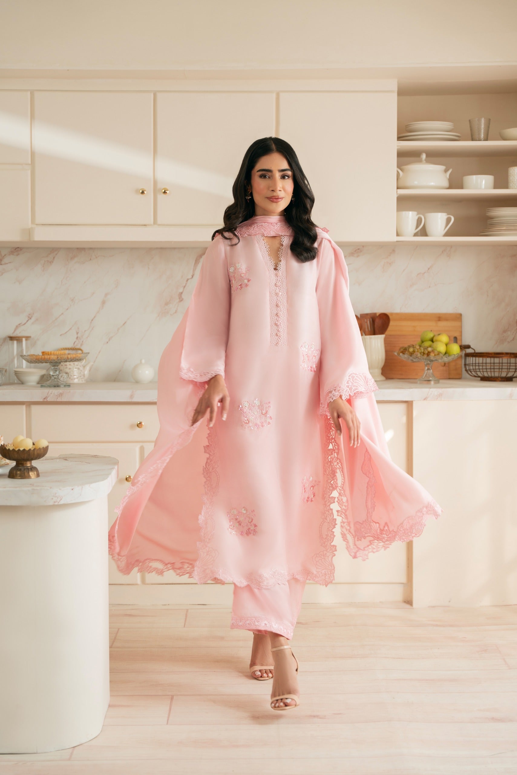 Pakistani Blush Pink Hand Embroidered Raw Silk Salwar Kameez (3-Piece) - Image 1
