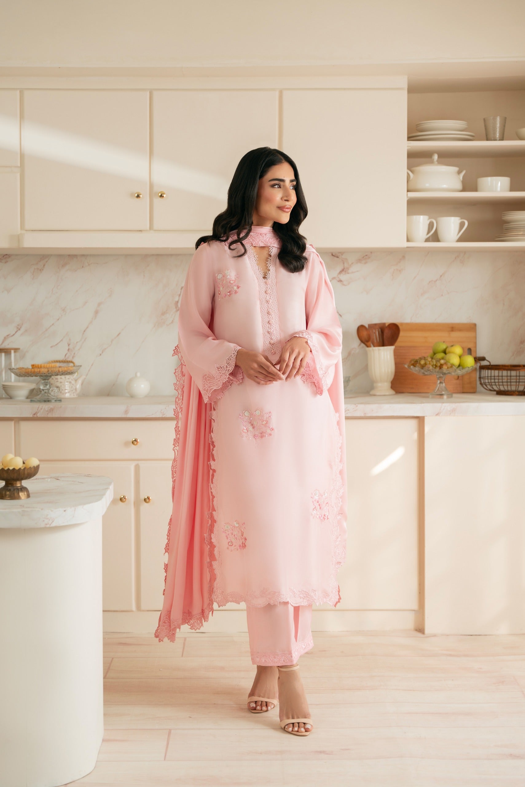 Pakistani Blush Pink Hand Embroidered Raw Silk Salwar Kameez (3-Piece) - Image 2