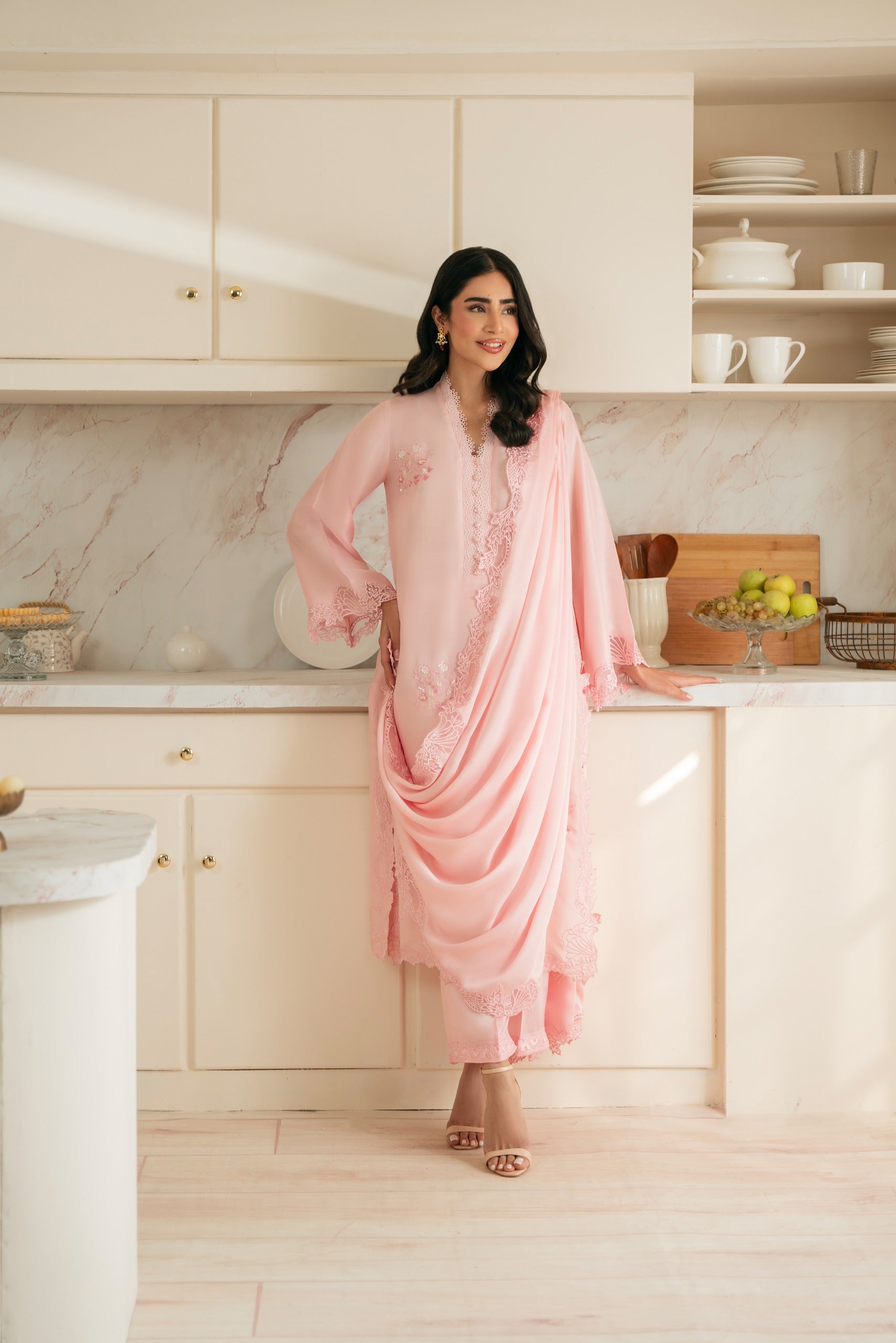 Pakistani Blush Pink Hand Embroidered Raw Silk Salwar Kameez (3-Piece) - Image 5