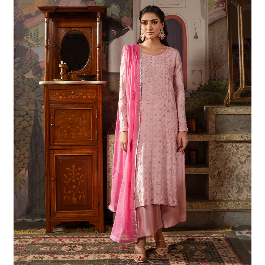 Blush Pink Hand-Embroidered Raw Silk Salwar Kameez (3-Piece) - Image 1
