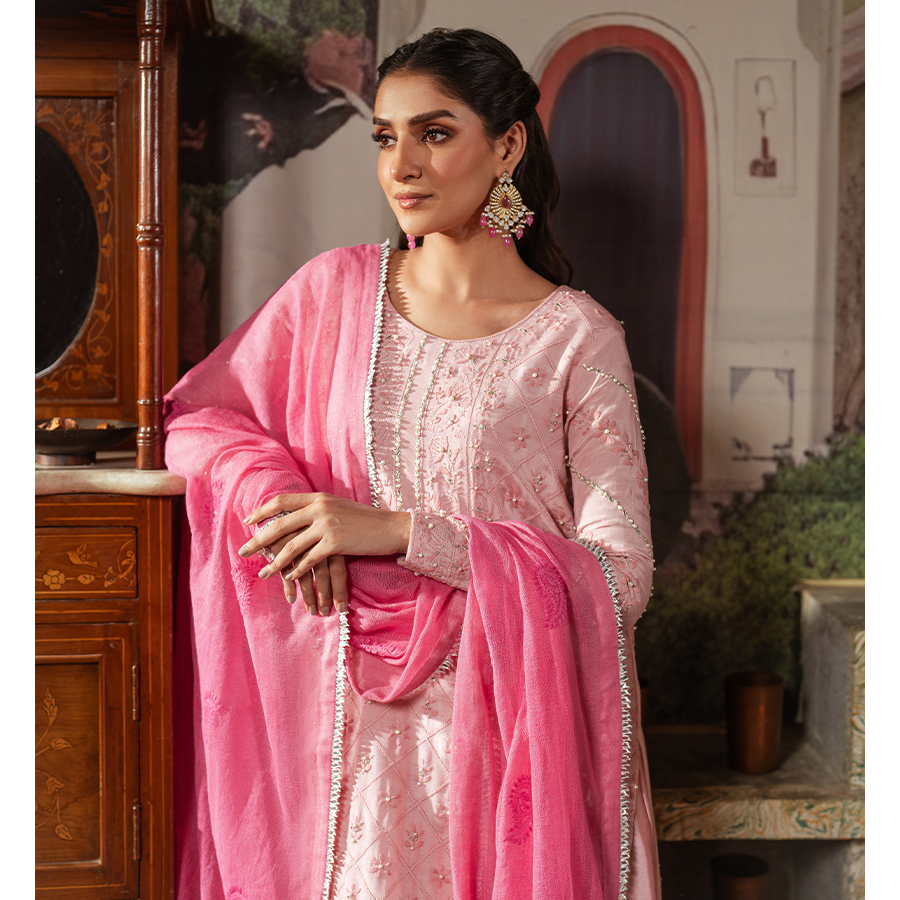 Blush Pink Hand-Embroidered Raw Silk Salwar Kameez (3-Piece) - Image 2
