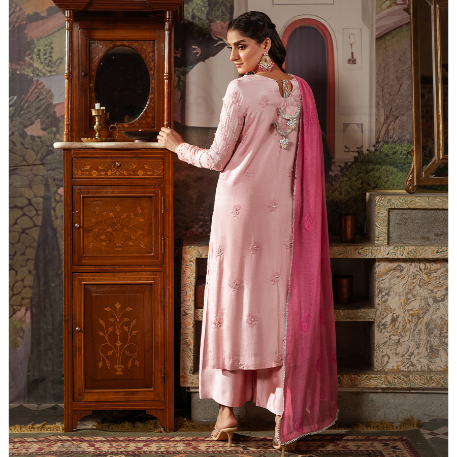 Blush Pink Hand-Embroidered Raw Silk Salwar Kameez (3-Piece) - Image 3