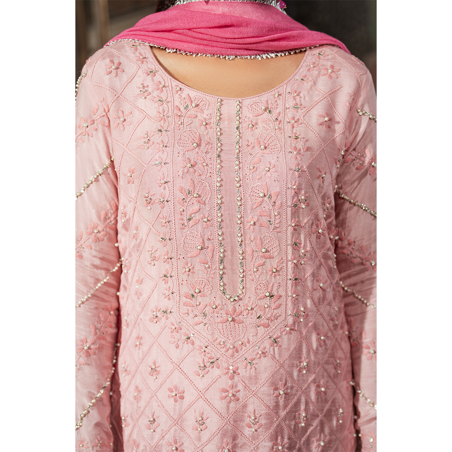 Blush Pink Hand-Embroidered Raw Silk Salwar Kameez (3-Piece) - Image 4