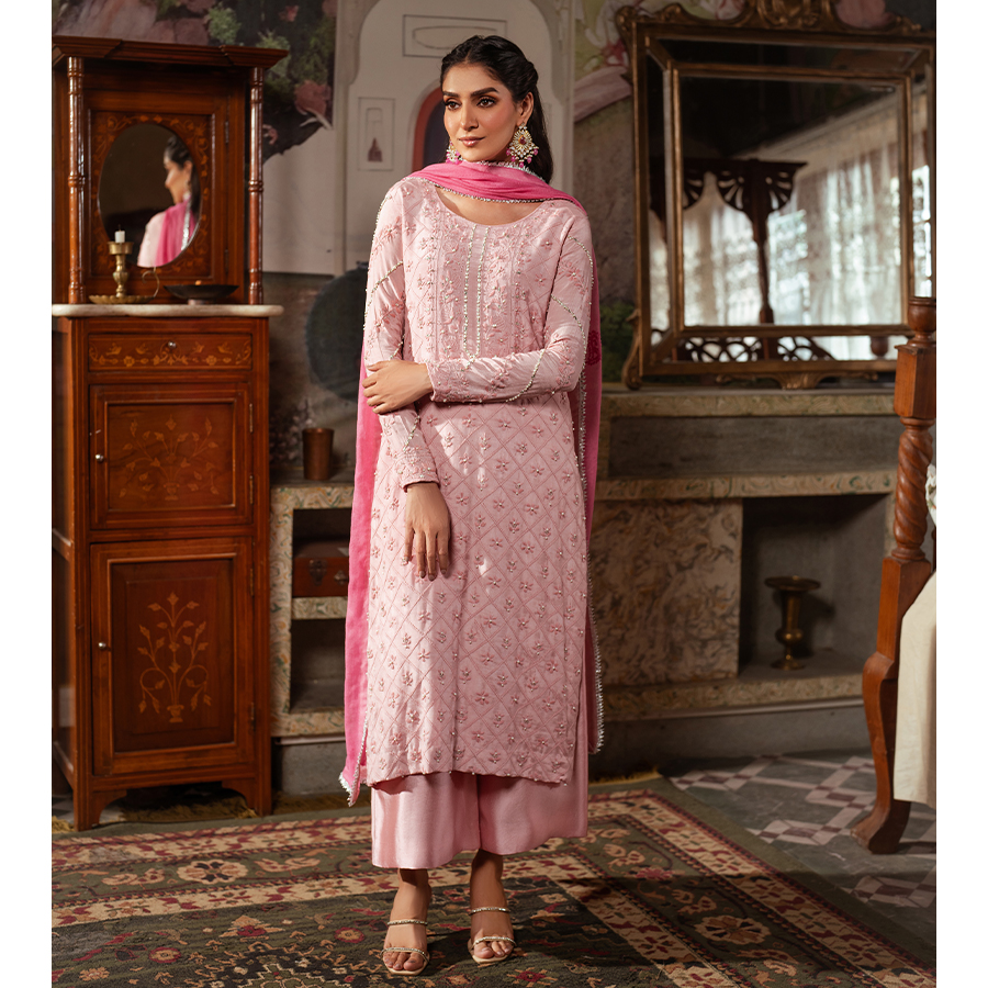 Blush Pink Hand-Embroidered Raw Silk Salwar Kameez (3-Piece) - Image 5