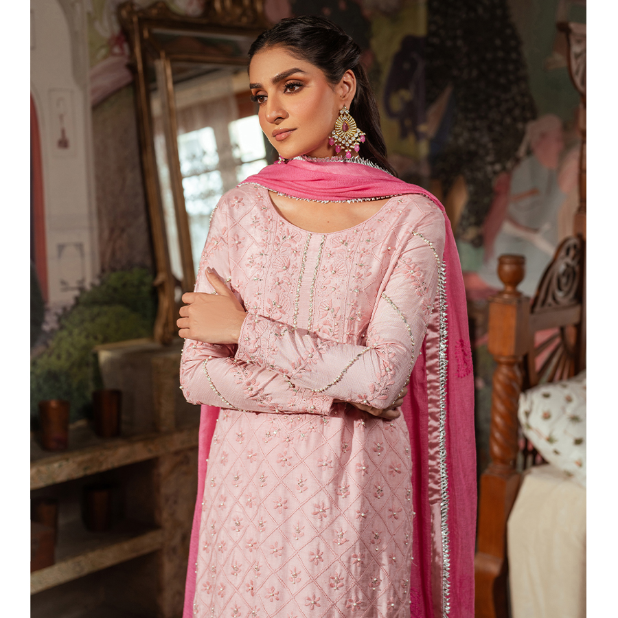 Blush Pink Hand-Embroidered Raw Silk Salwar Kameez (3-Piece) - Image 7