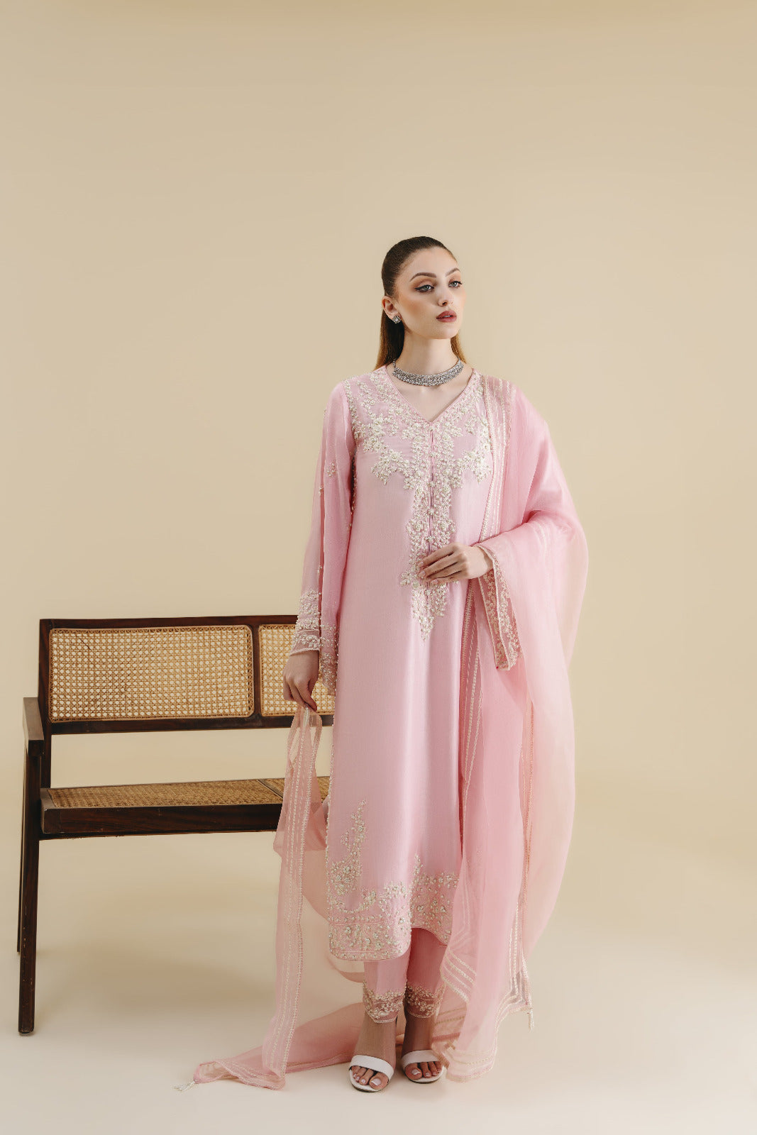Pakistani Blush Pink Embroidered Raw Silk Salwar Kameez (3-Piece) - Image 1