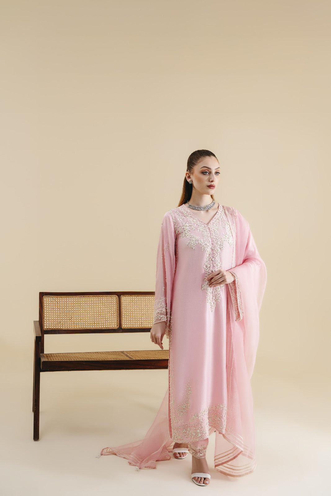Pakistani Blush Pink Embroidered Raw Silk Salwar Kameez (3-Piece) - Image 2