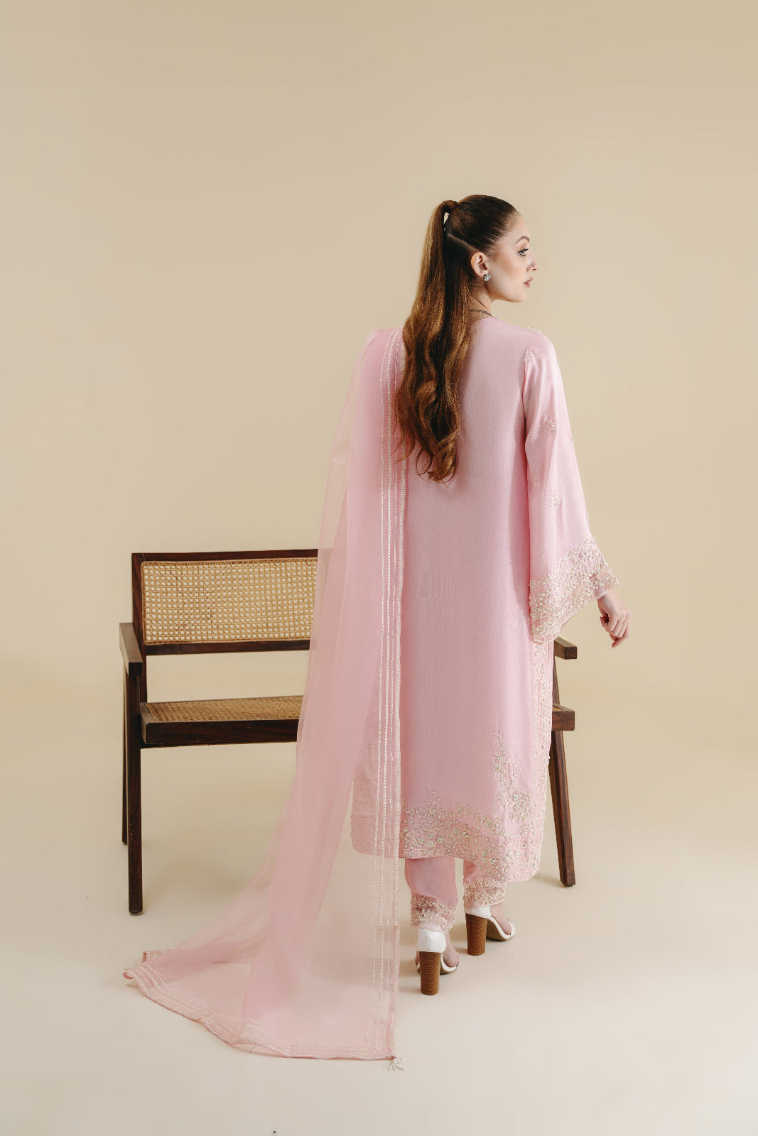 Pakistani Blush Pink Embroidered Raw Silk Salwar Kameez (3-Piece) - Image 3