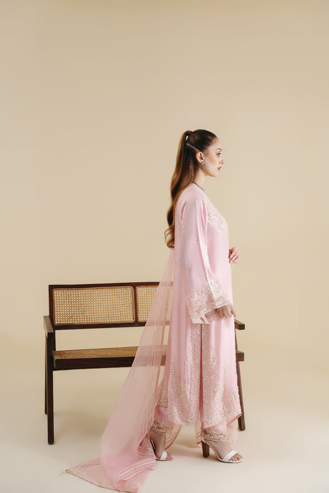 Pakistani Blush Pink Embroidered Raw Silk Salwar Kameez (3-Piece) - Image 4