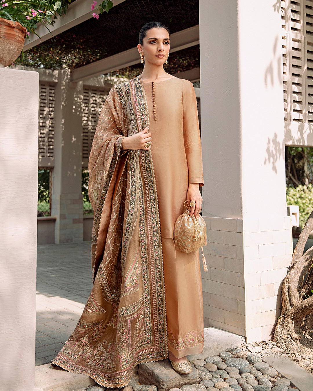 Peach Embroidered Korean Raw Silk Salwar Kameez (3-Piece) - Image 1