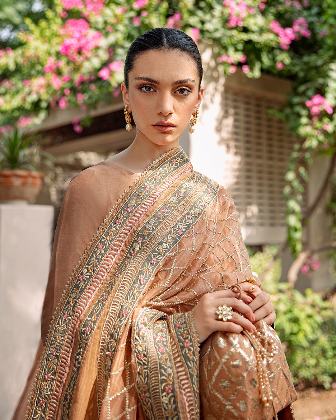 Peach Embroidered Korean Raw Silk Salwar Kameez (3-Piece) - Image 2