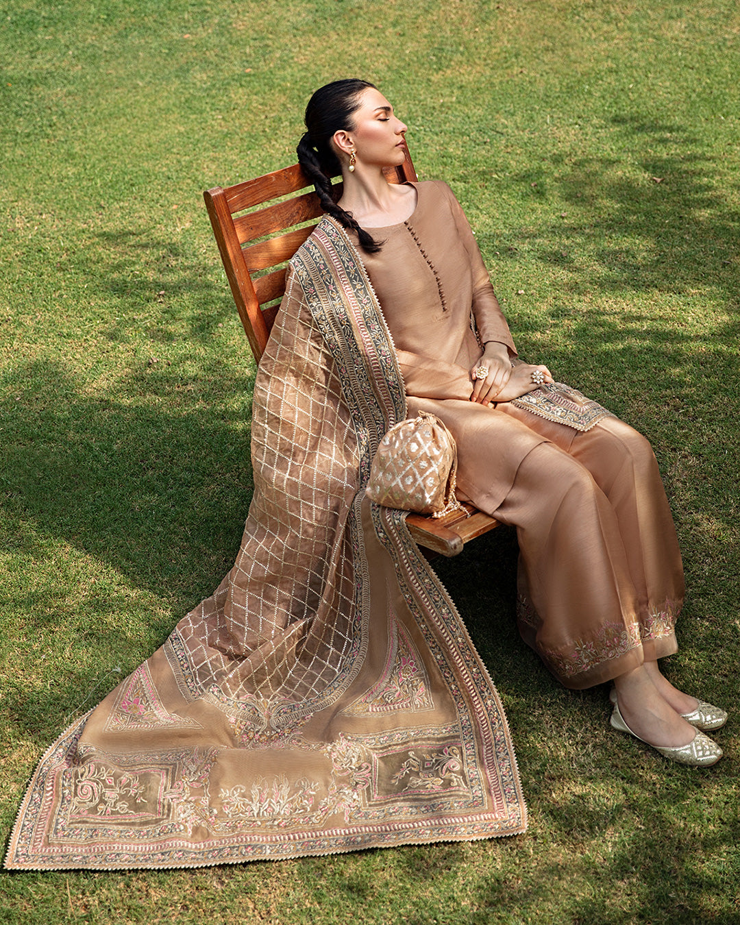 Peach Embroidered Korean Raw Silk Salwar Kameez (3-Piece) - Image 3