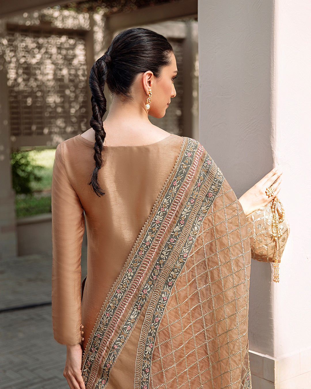 Peach Embroidered Korean Raw Silk Salwar Kameez (3-Piece) - Image 5