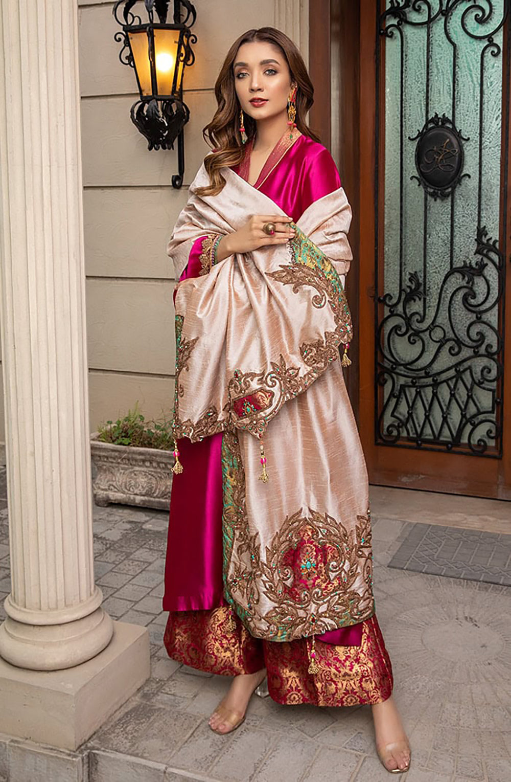 Fuchsia Kimkhaab Tissue Organza Salwar Kameez (3-Piece) - Image 1