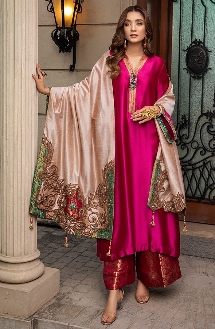 Fuchsia Kimkhaab Tissue Organza Salwar Kameez (3-Piece) - Image 2