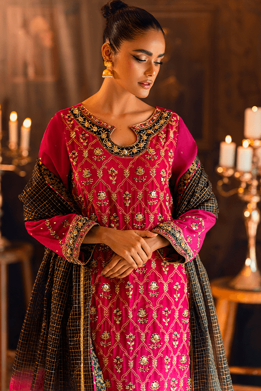 Magenta Embroidered PK Raw Silk Salwar Kameez (3-Piece) - Image 1