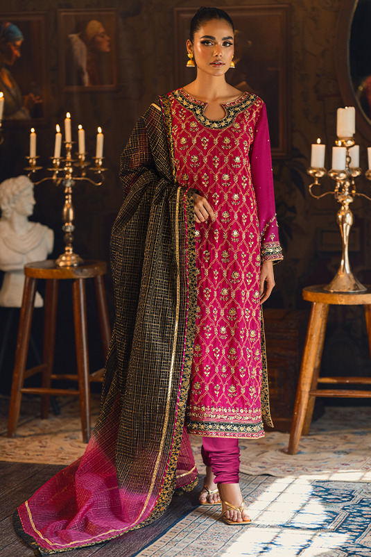 Magenta Embroidered PK Raw Silk Salwar Kameez (3-Piece) - Image 3