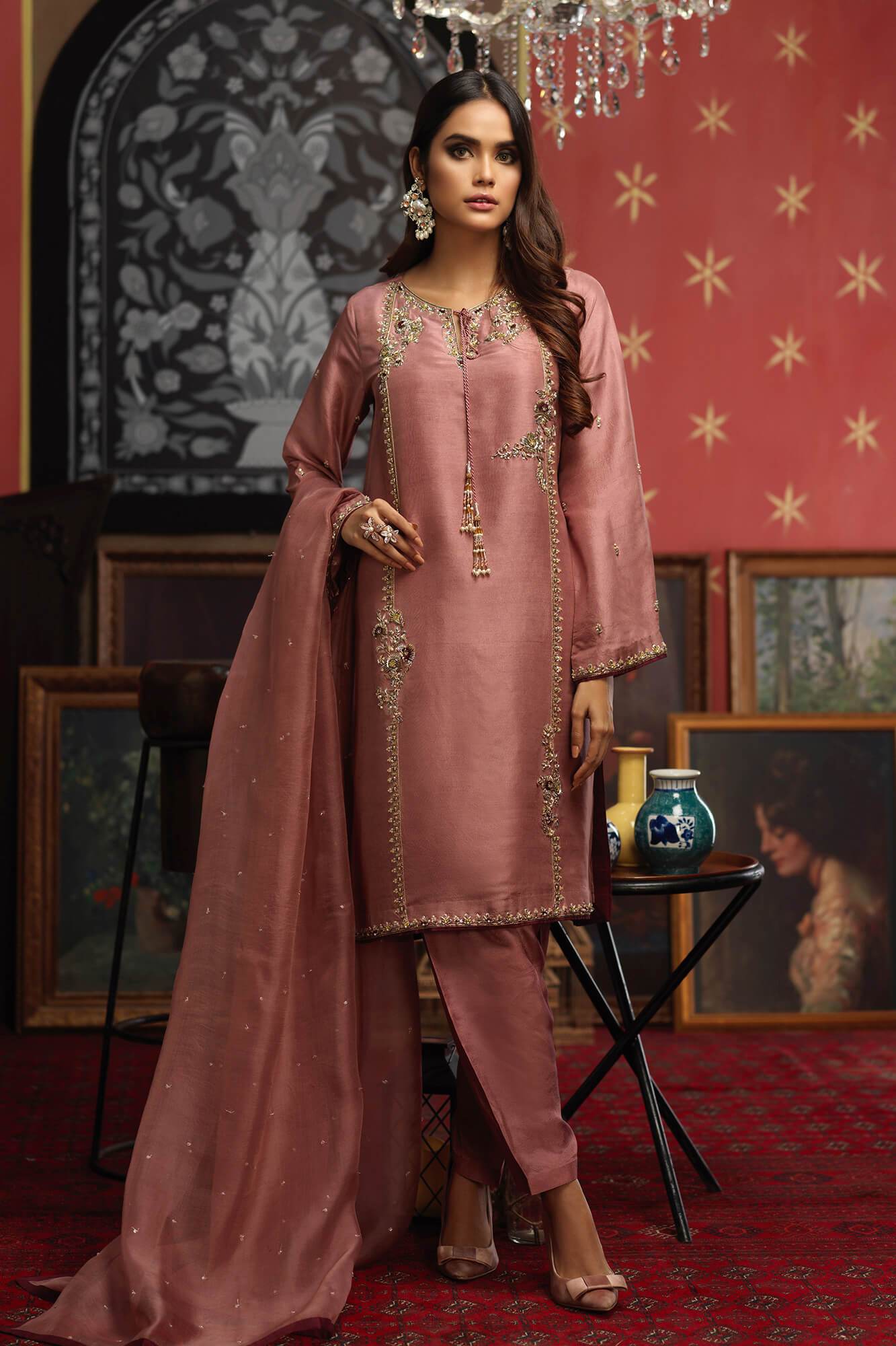 Pakistani Mauve Embroidered PK Raw Silk Salwar Kameez (3-Piece) - Image 2