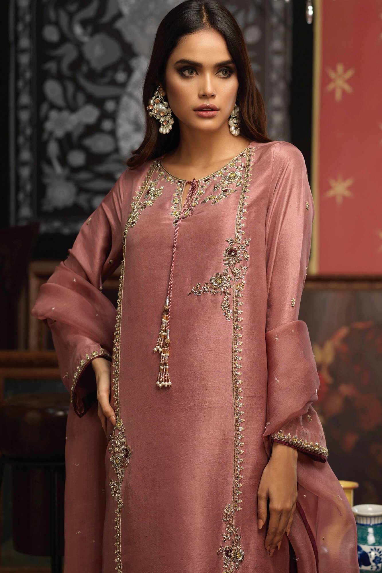 Pakistani Mauve Embroidered PK Raw Silk Salwar Kameez (3-Piece) - Image 4