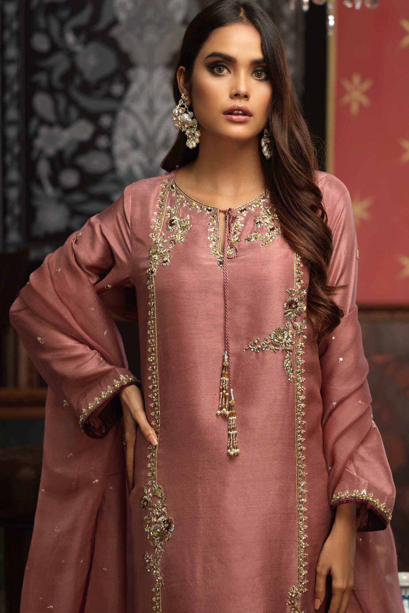 Mauve Embroidered PK Raw Silk Salwar Kameez (3-Piece) - Image 5