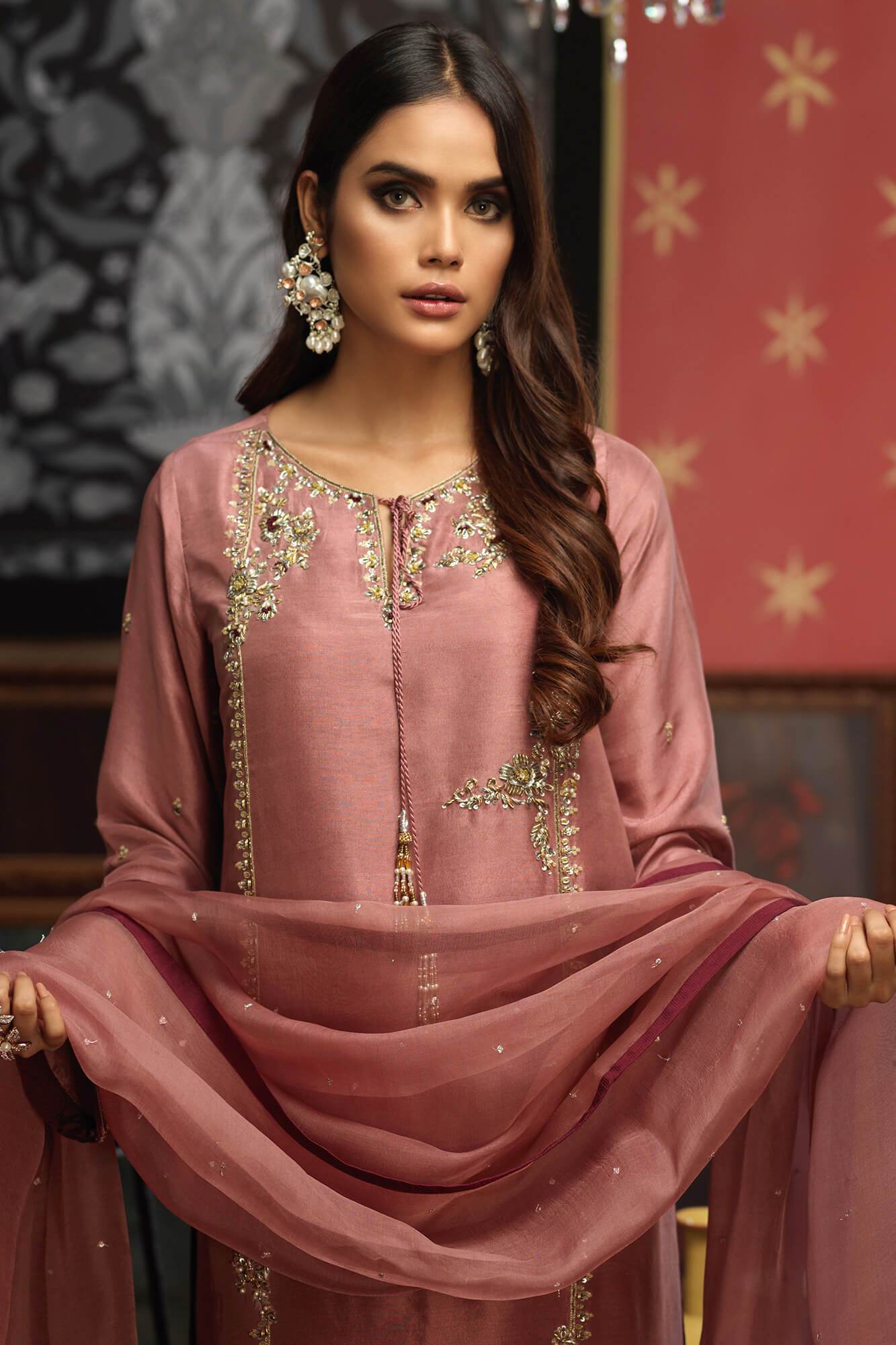 Mauve Embroidered PK Raw Silk Salwar Kameez (3-Piece) - Image 6