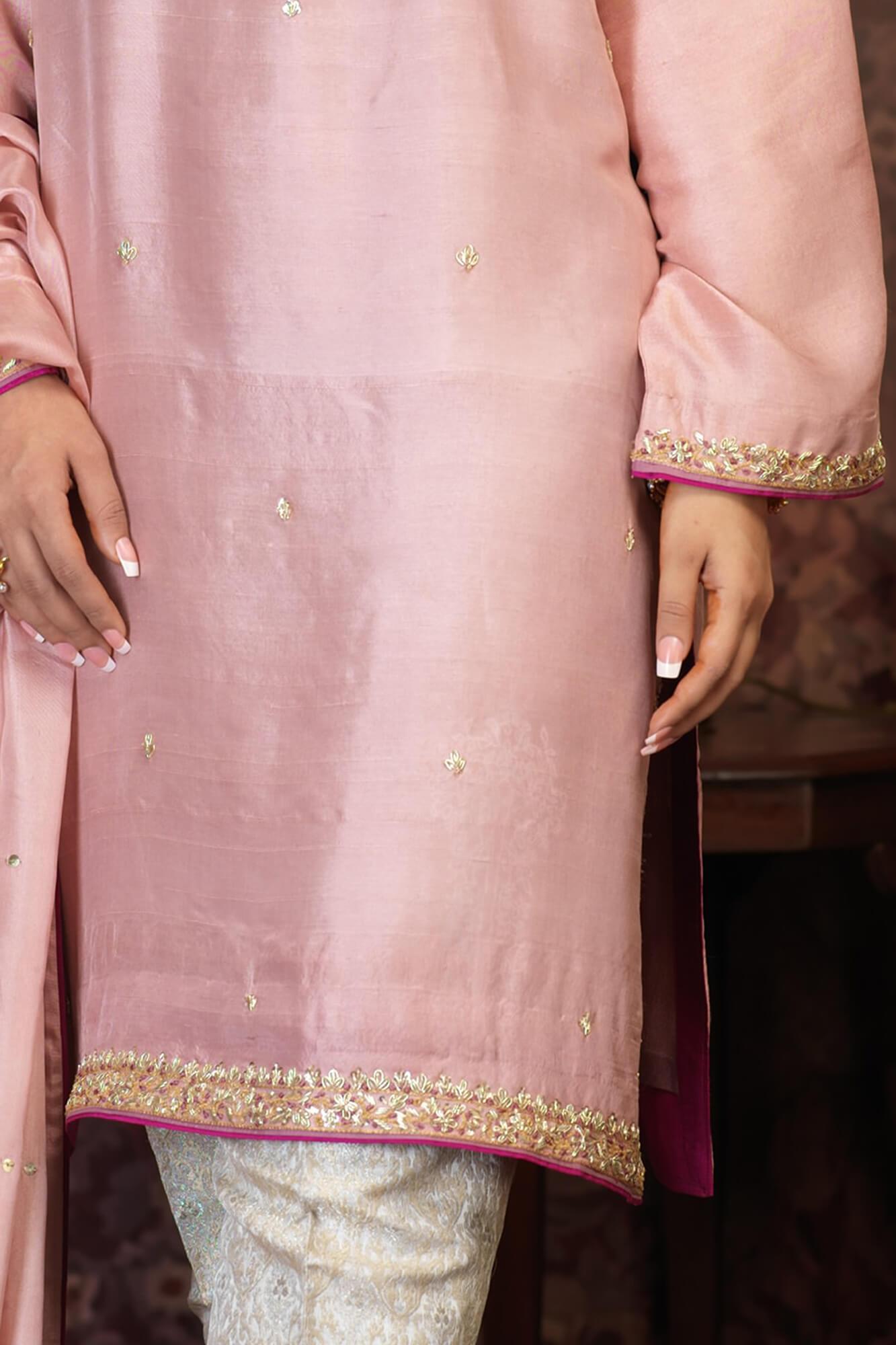 Pakistani Blush Pink Embroidered PK Raw Silk Salwar Kameez (3-Piece) - Image 1