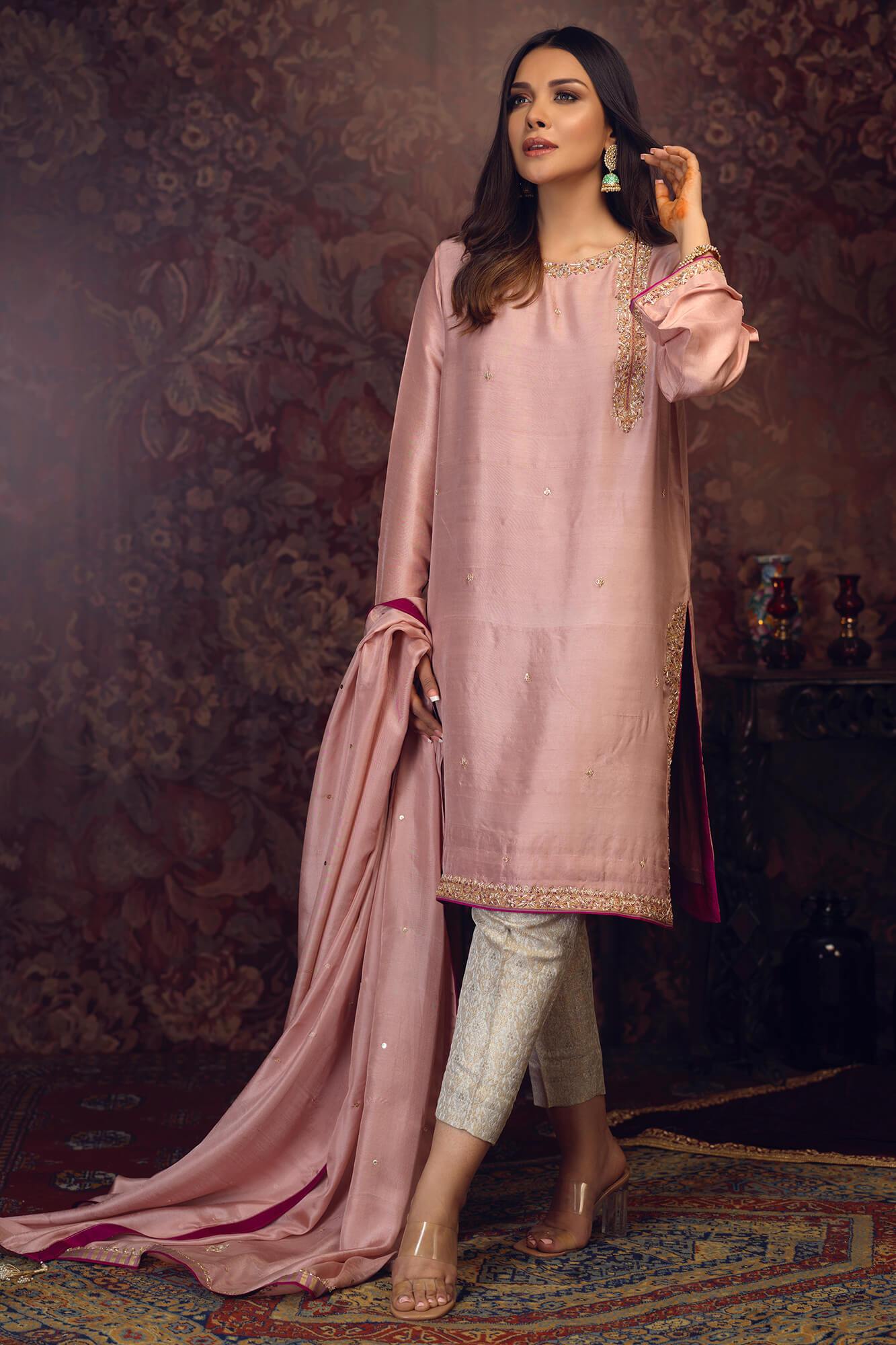 Pakistani Blush Pink Embroidered PK Raw Silk Salwar Kameez (3-Piece) - Image 2