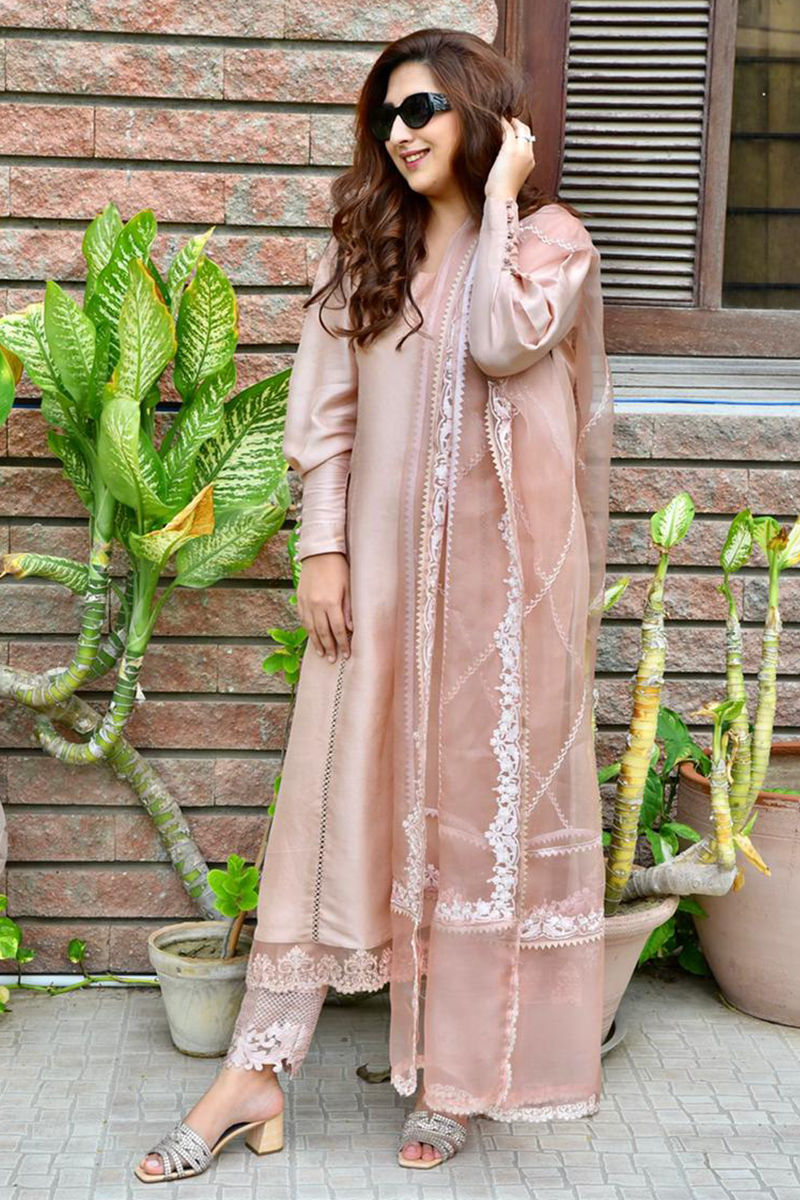 Blush Pink Lace Raw Silk Salwar Kameez (3-Piece) - Image 1
