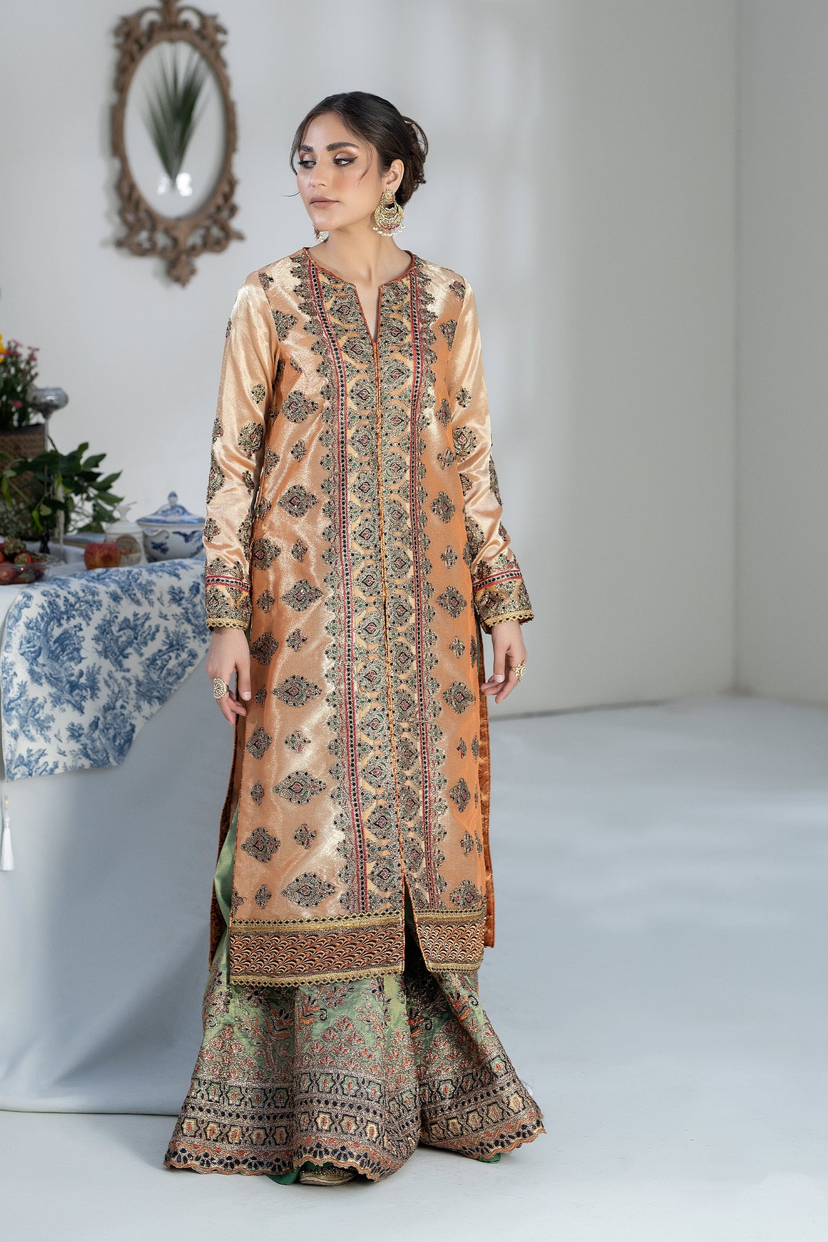 Peach Embroidered Raw Silk Salwar Kameez (3-Piece) - Image 1