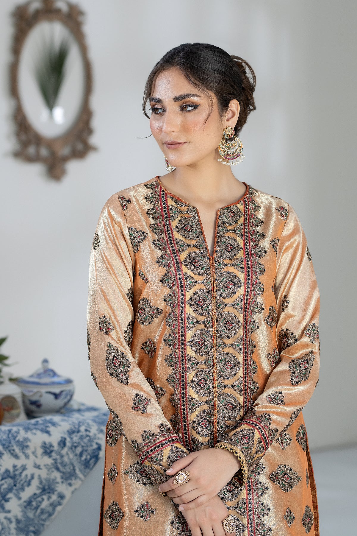 Peach Embroidered Raw Silk Salwar Kameez (3-Piece) - Image 2