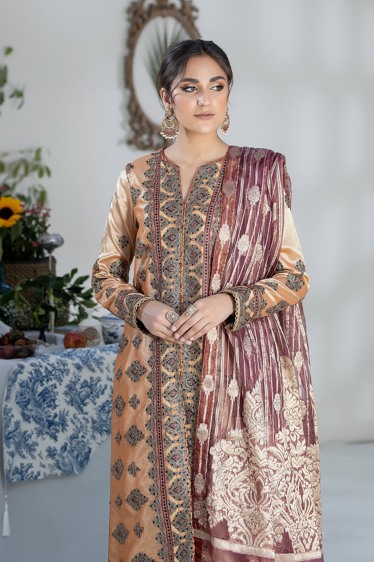 Peach Embroidered Raw Silk Salwar Kameez (3-Piece) - Image 3