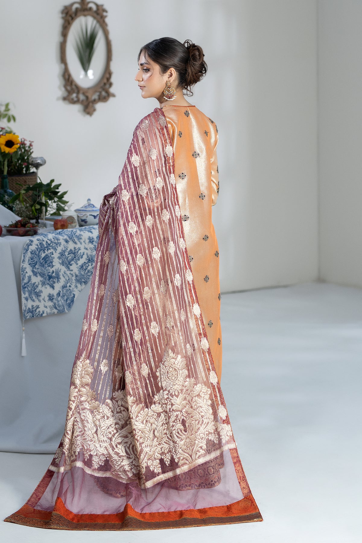 Peach Embroidered Raw Silk Salwar Kameez (3-Piece) - Image 4