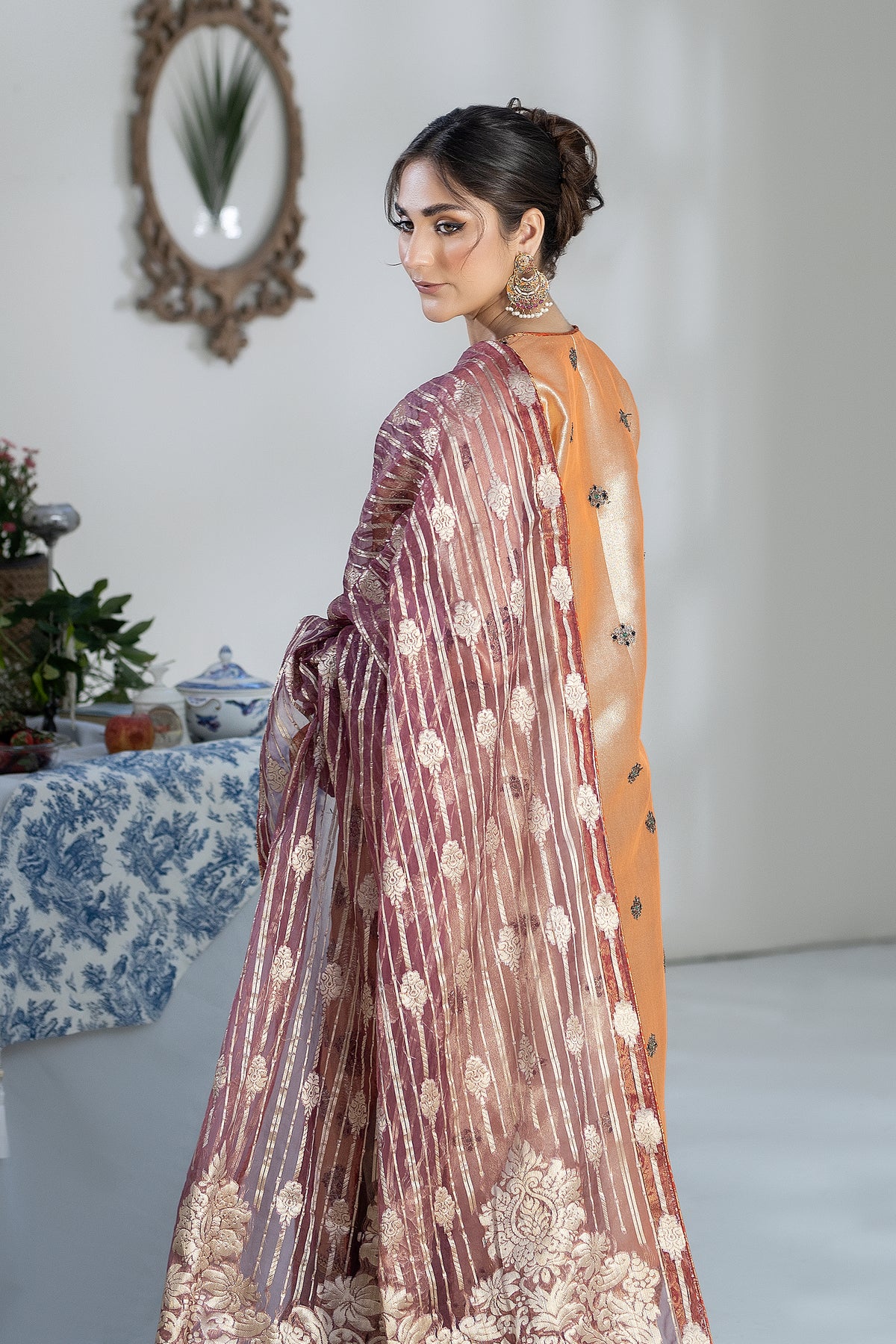 Peach Embroidered Raw Silk Salwar Kameez (3-Piece) - Image 5