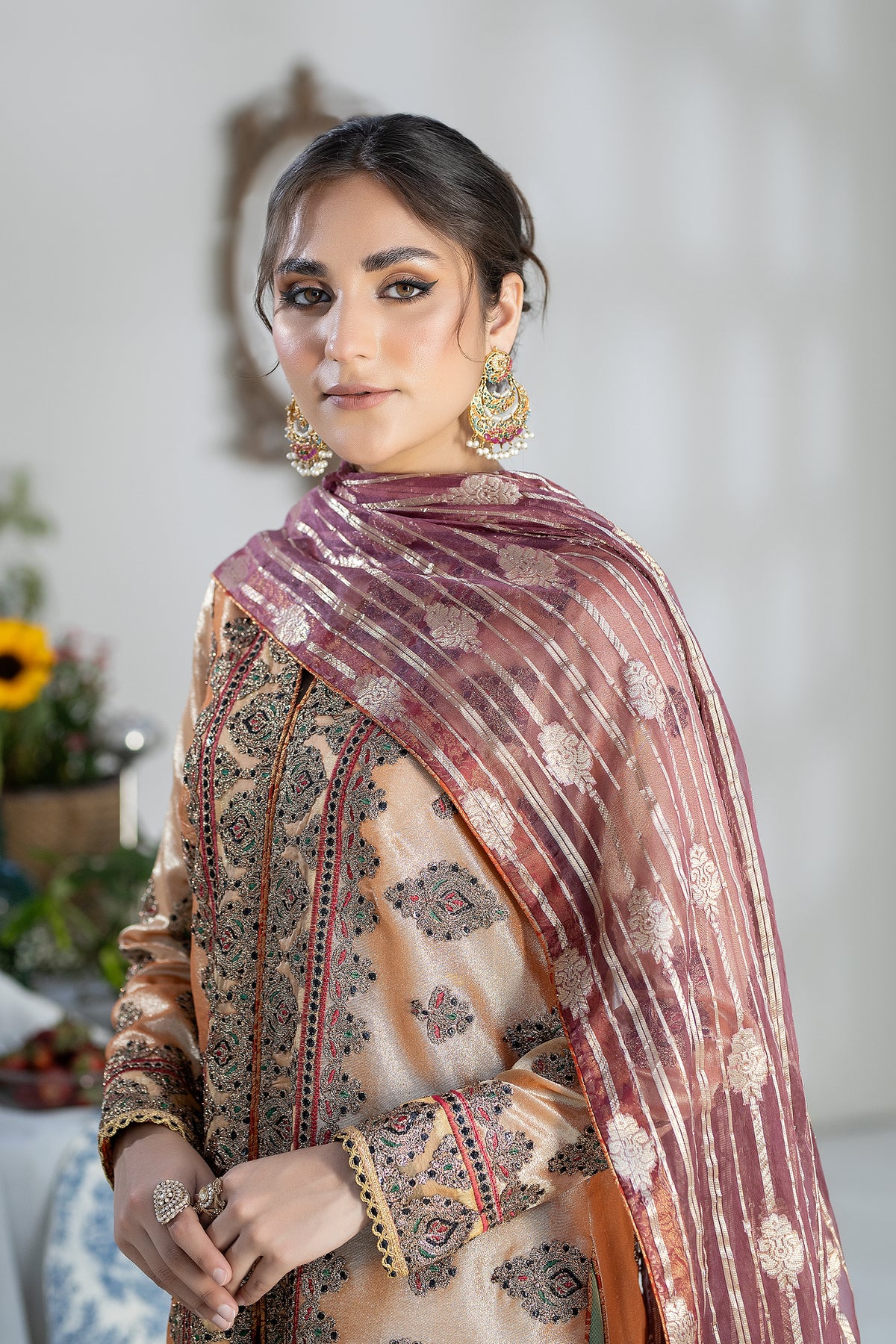 Peach Embroidered Raw Silk Salwar Kameez (3-Piece) - Image 6