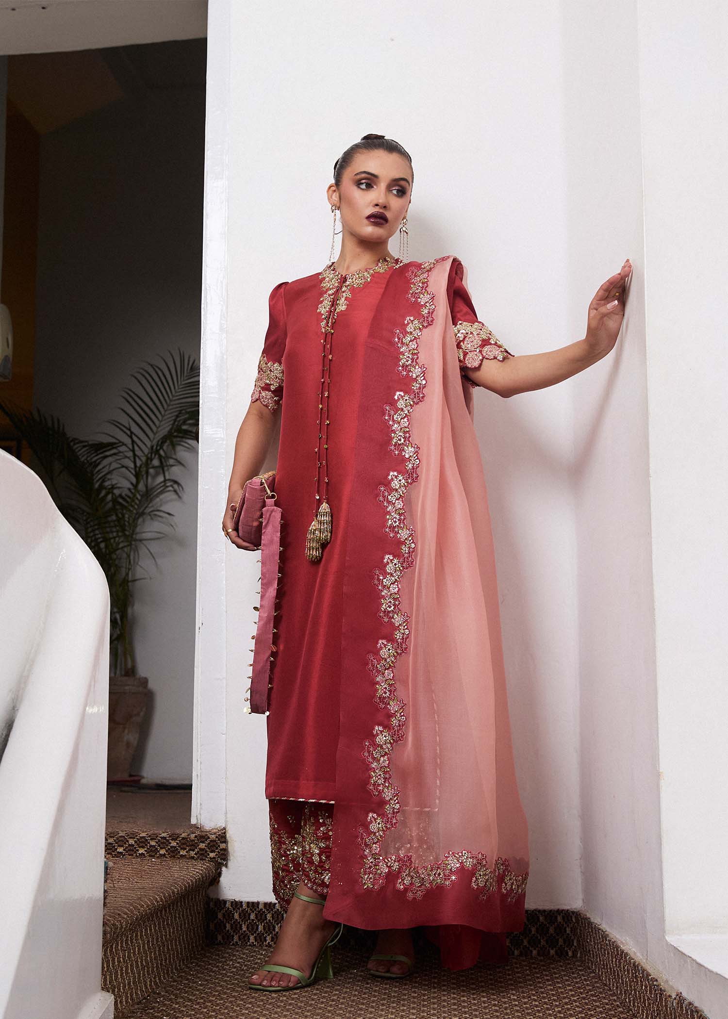 Salmon Pink Embellished Raw Silk Salwar Kameez (3-Piece) - Image 2