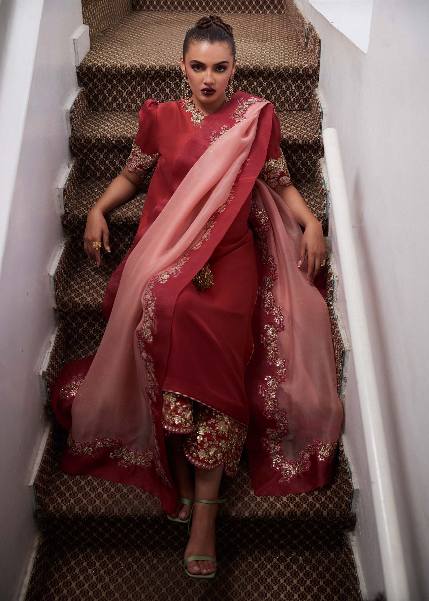 Salmon Pink Embellished Raw Silk Salwar Kameez (3-Piece) - Image 4