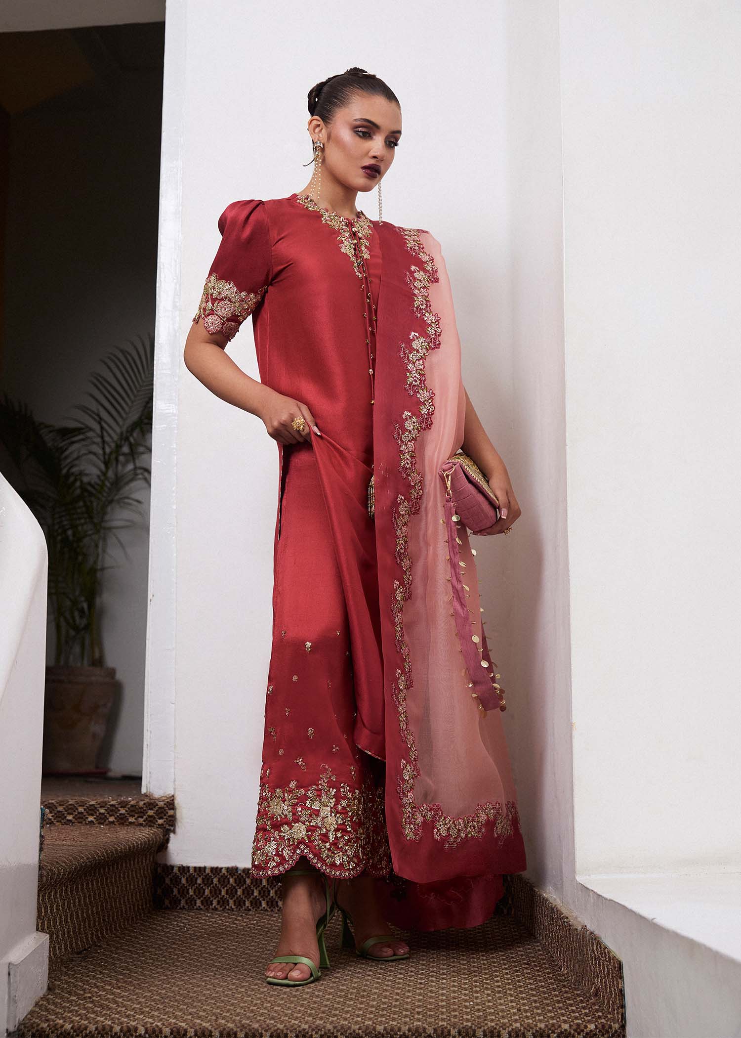 Salmon Pink Embellished Raw Silk Salwar Kameez (3-Piece) - Image 5