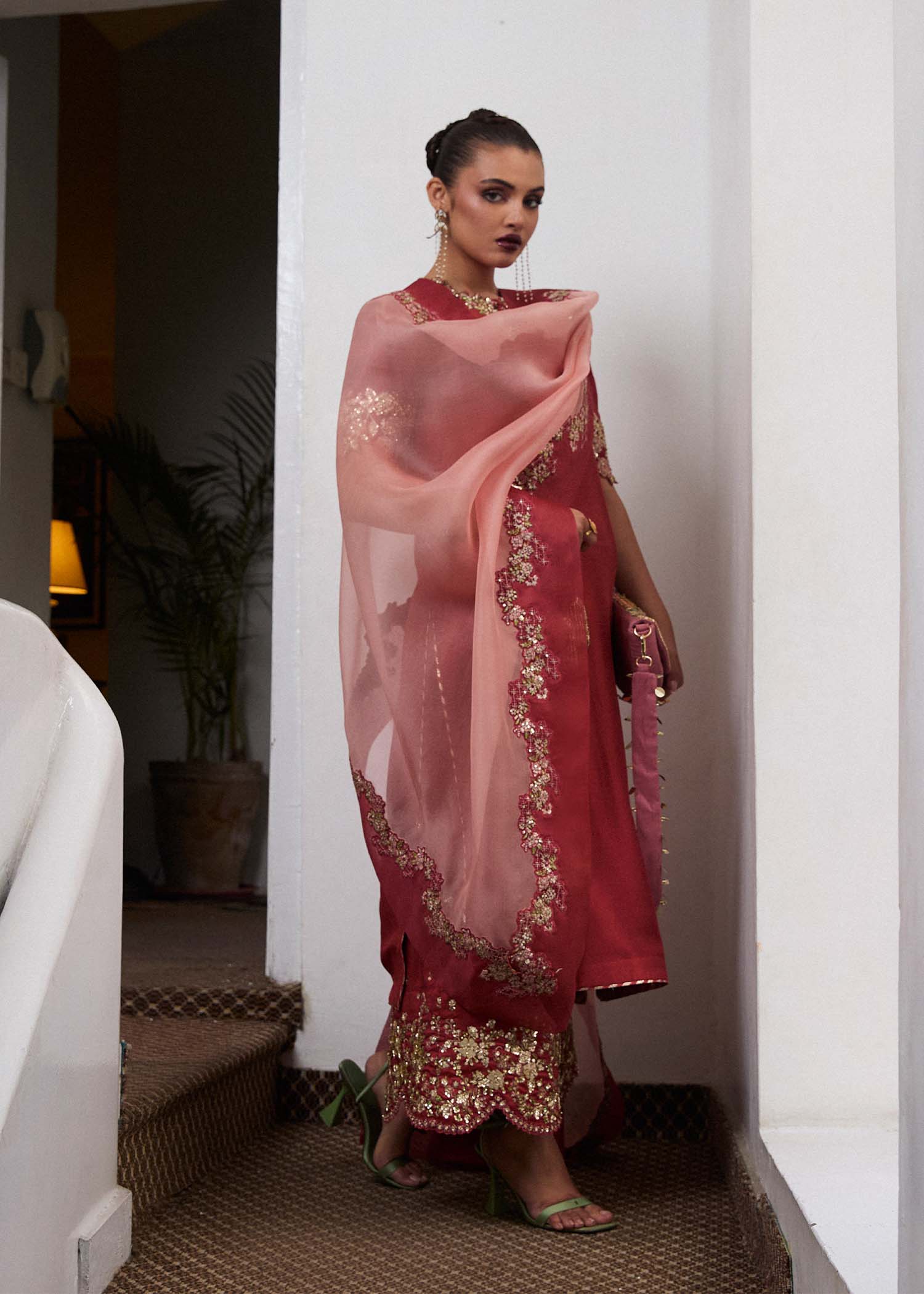 Salmon Pink Embellished Raw Silk Salwar Kameez (3-Piece) - Image 6