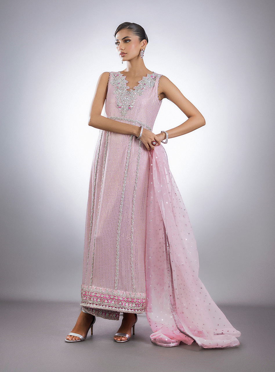 Pastel Pink Mukesh Raw Silk Salwar Kameez (3-Piece) - Image 1