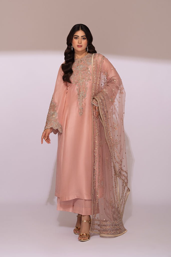 Pakistani Light Pink Embroidered Raw Silk Salwar Kameez (3-Piece) - Image 5