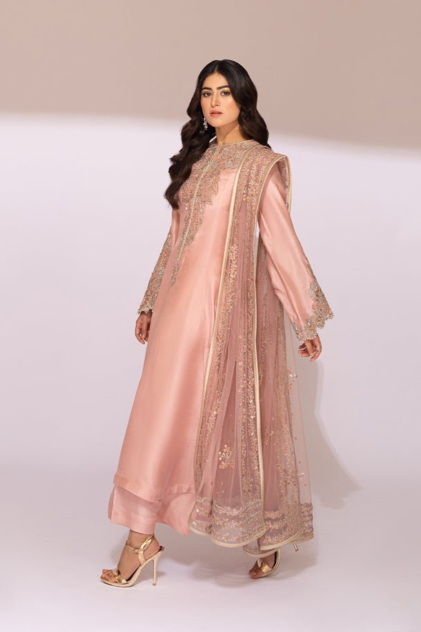 Light Pink Embroidered Raw Silk Salwar Kameez (3-Piece) - Image 1